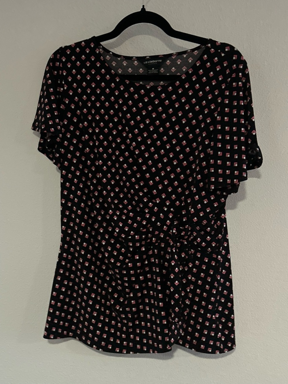 Liz Claiborne Black Top with Pink Geometric Print